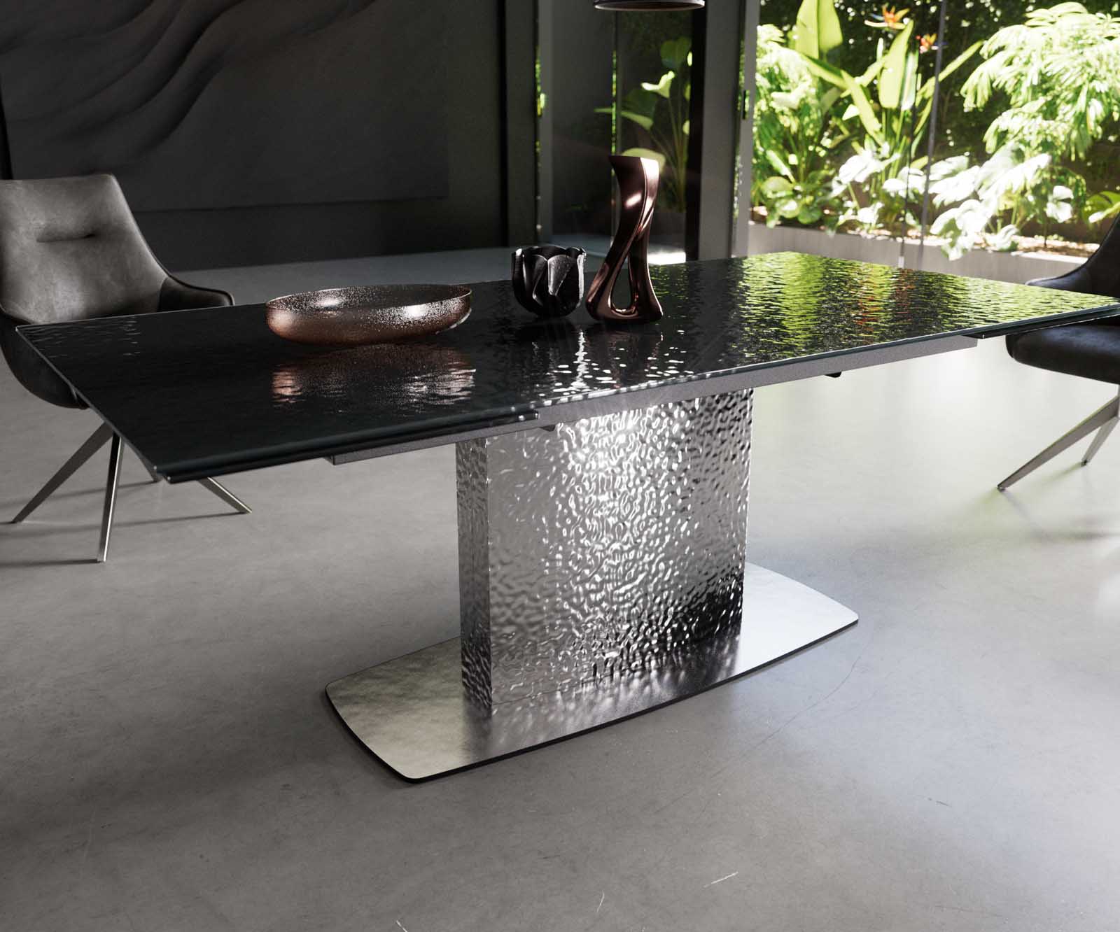 Table à manger Edge 200-300x100 verre fondu noir fumé relief en 3D Wave acier inoxydable extensible 5