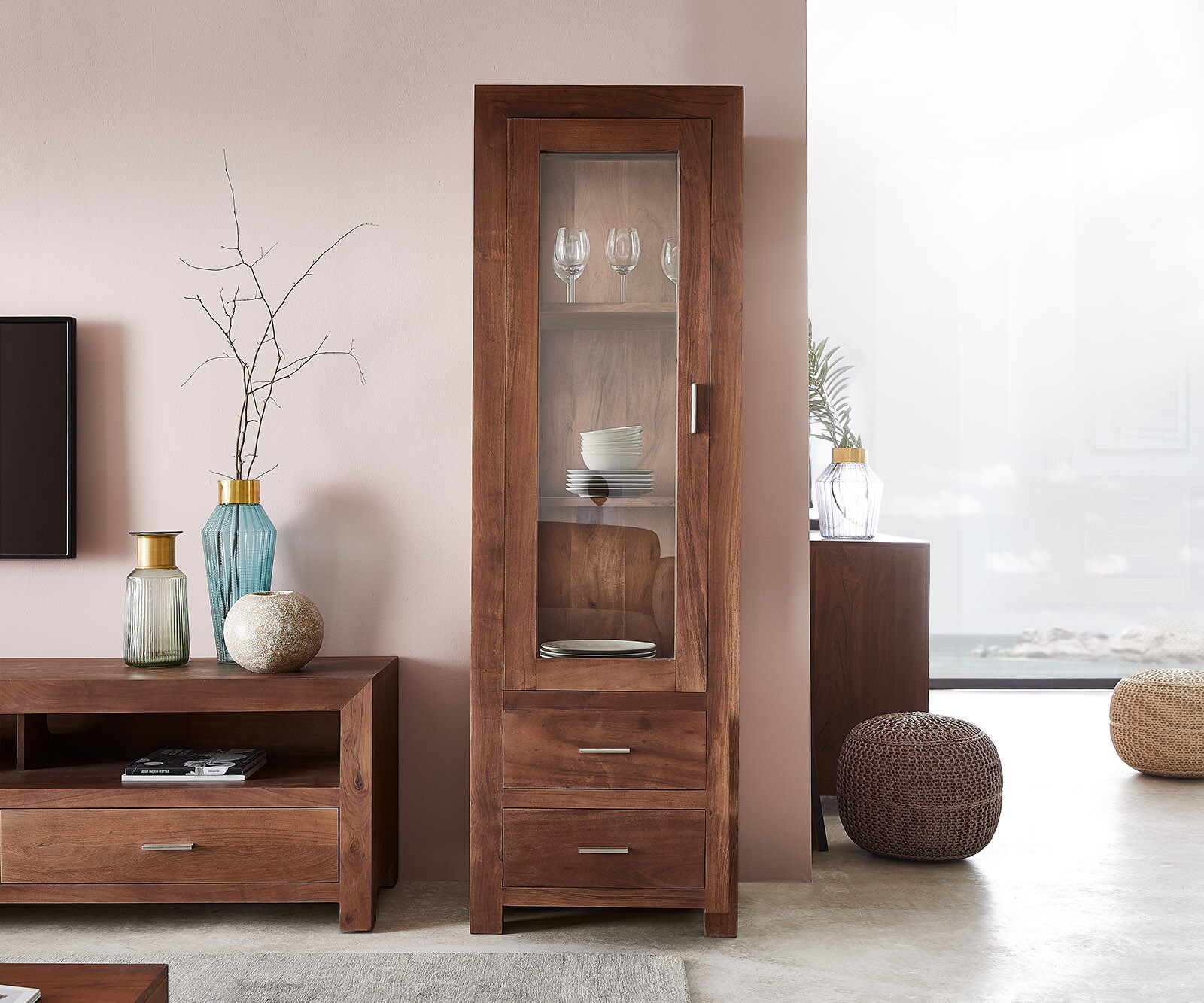 Buffet Indra acacia marron vitré avec 2 tiroirs 1 porte 2
