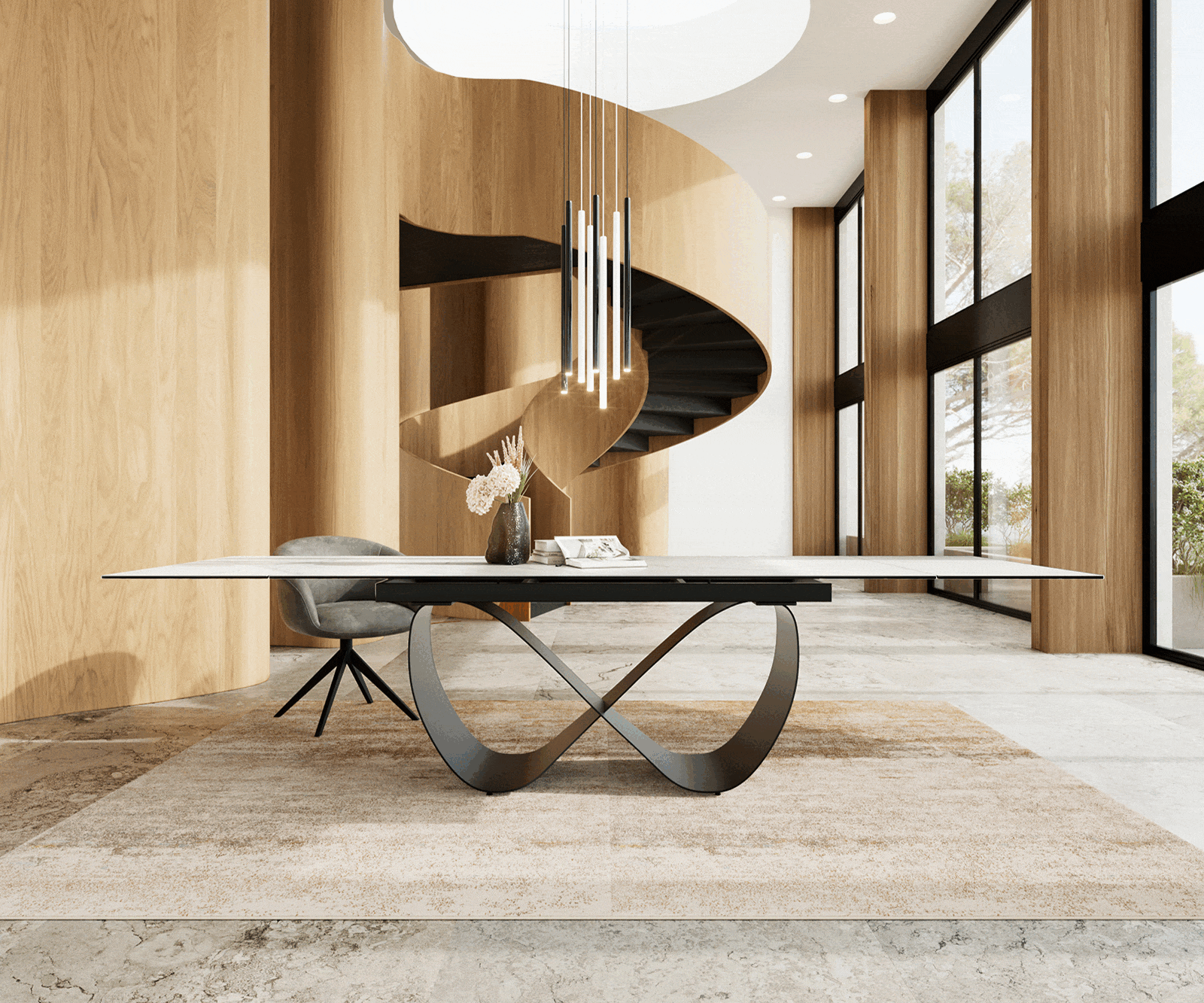 Table à manger Edge 200-300x100 cm Céramique Laminam®Statuarietto Blanc Infinity Métal Noir extensible 1