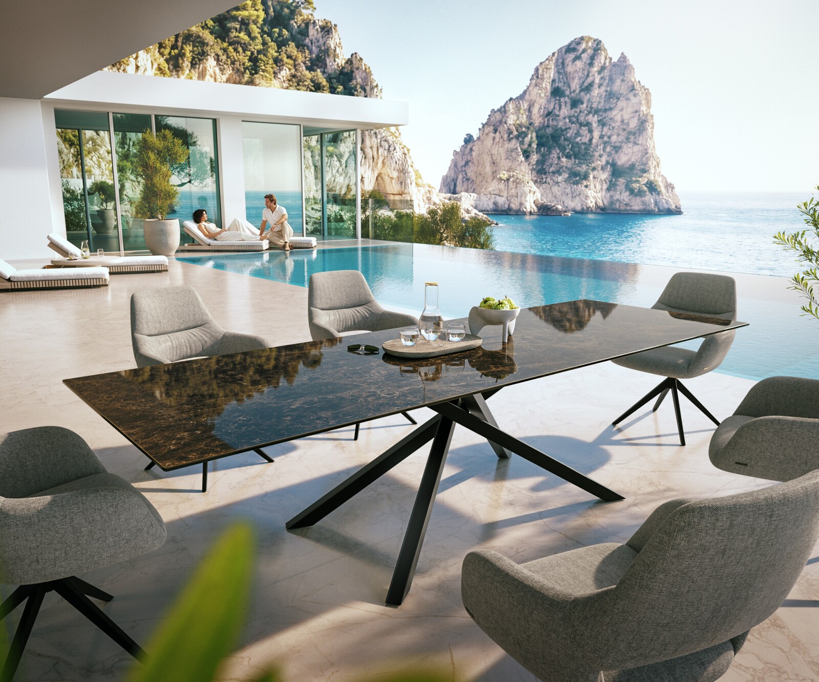 Outdoortisch Edge 300x100 cm Keramik Laminam® Emperador Extra Lucidato Dunkelbraun Kreuzgestell Rechteck Schwarz 1