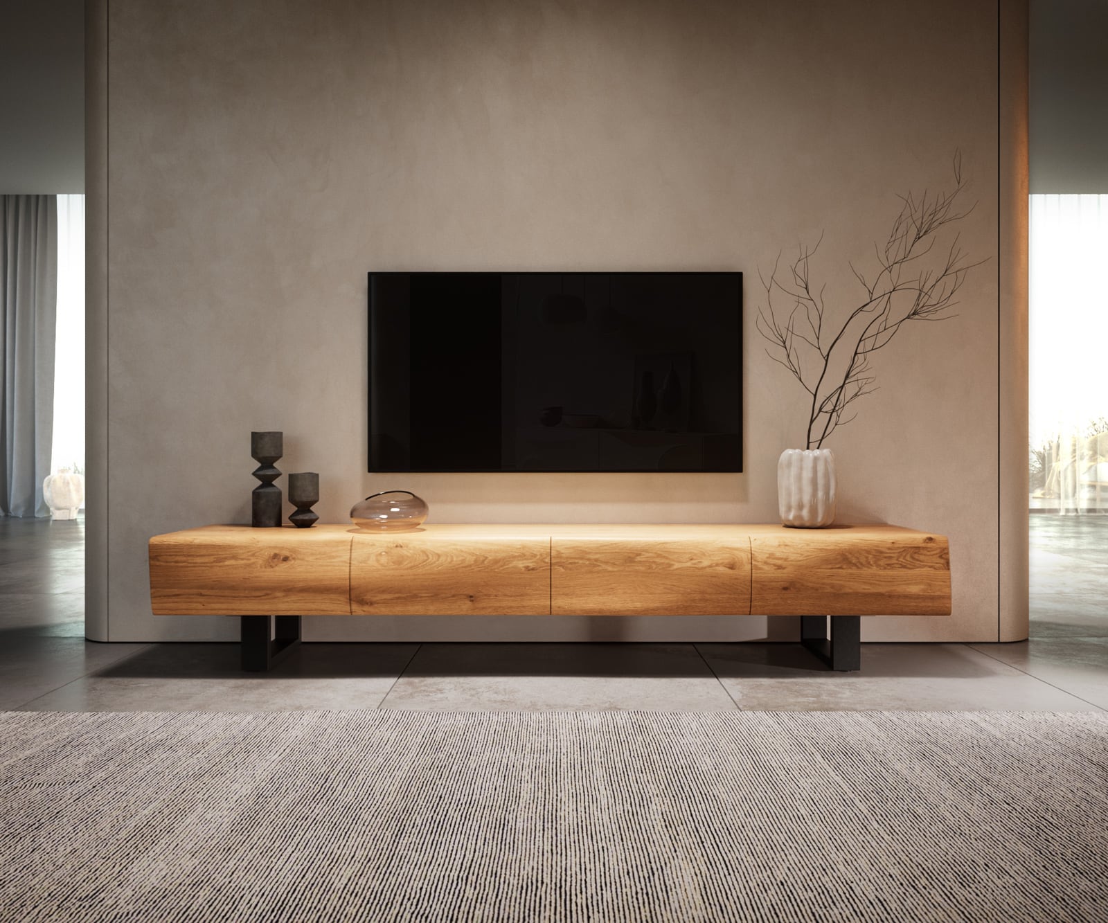 Meuble-TV New Live-Edge 200 cm chêne naturel 4 portes patins métal noir Meuble-TV New Live-Edge 200 cm chêne naturel 4 portes patins métal noir