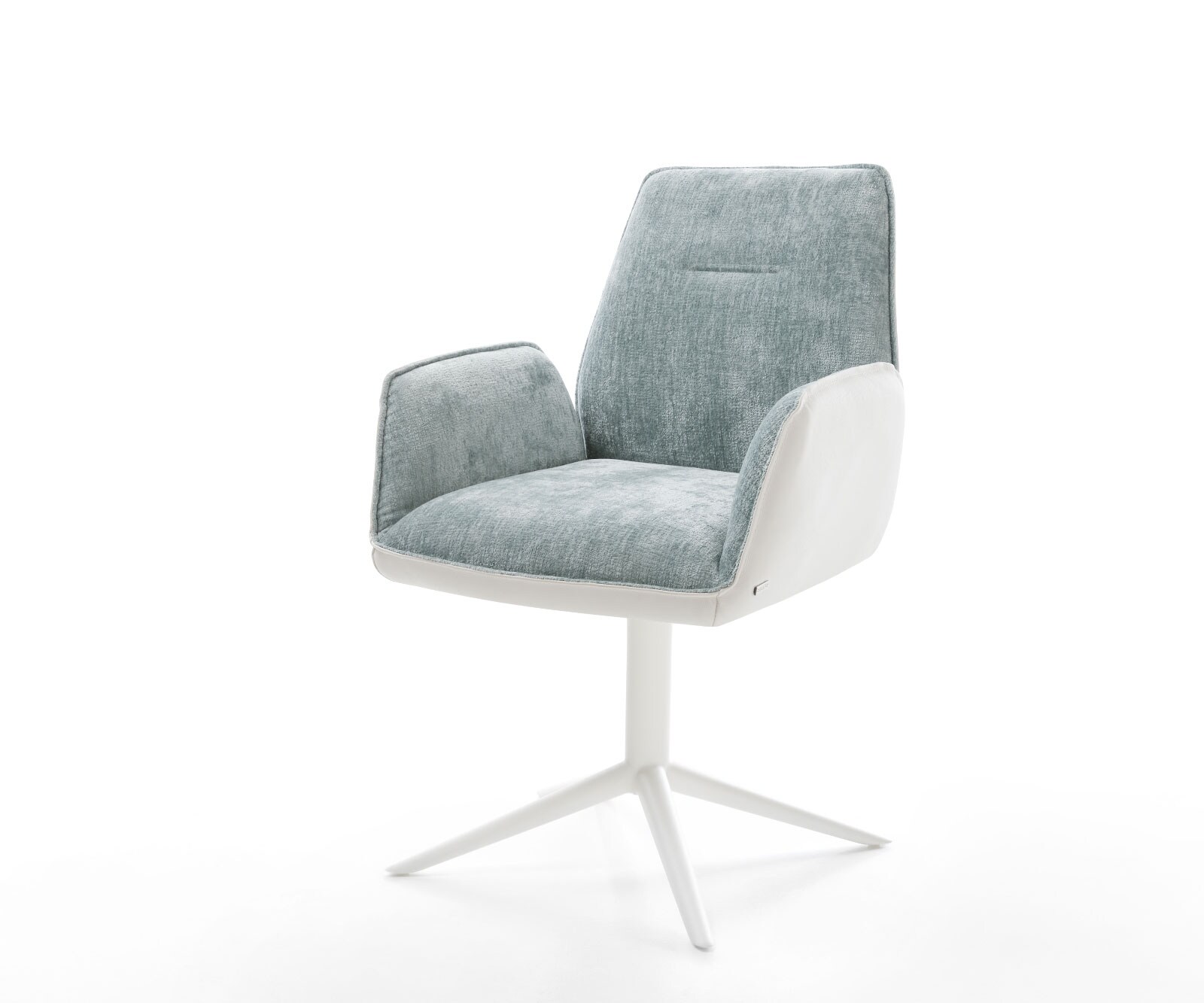 Chaise-pivotante Zoa-Flex tissu mixte cuir de vache blanc-bleu pastel pied de chaise 4 branches blanc pivotement sur 360° fonction bascule ressorts ensachés
