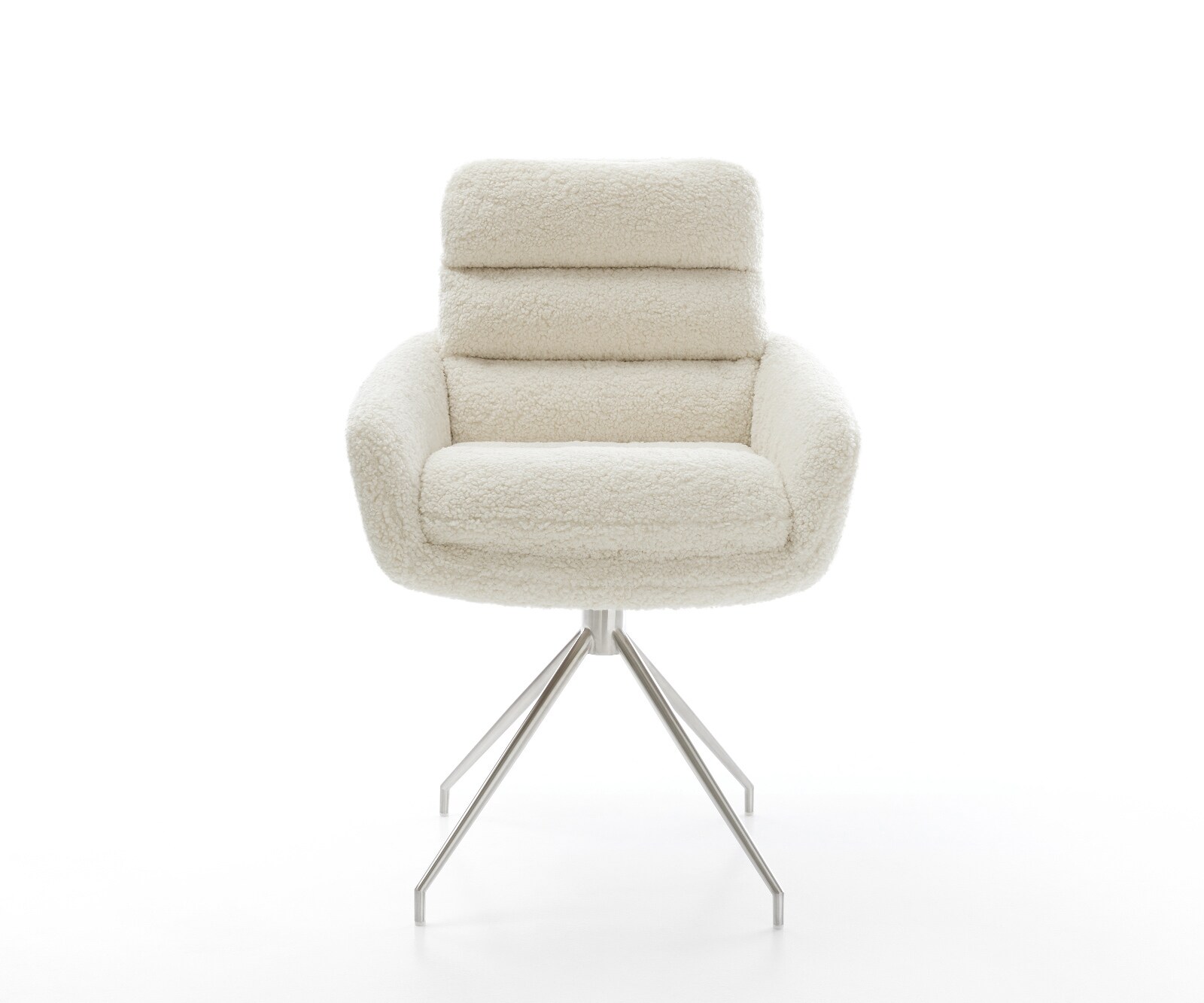 Chaise-de-salle-à-manger Abelia-Flex avec accoudoirs tissu teddy beige pied croisé conique acier inoxydable 1