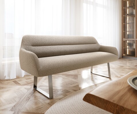 Esszimmerbank Taya-Flex 200 cm Bouclé Schlamm Kufengestell kantig Edelstahl Taschenfederkern