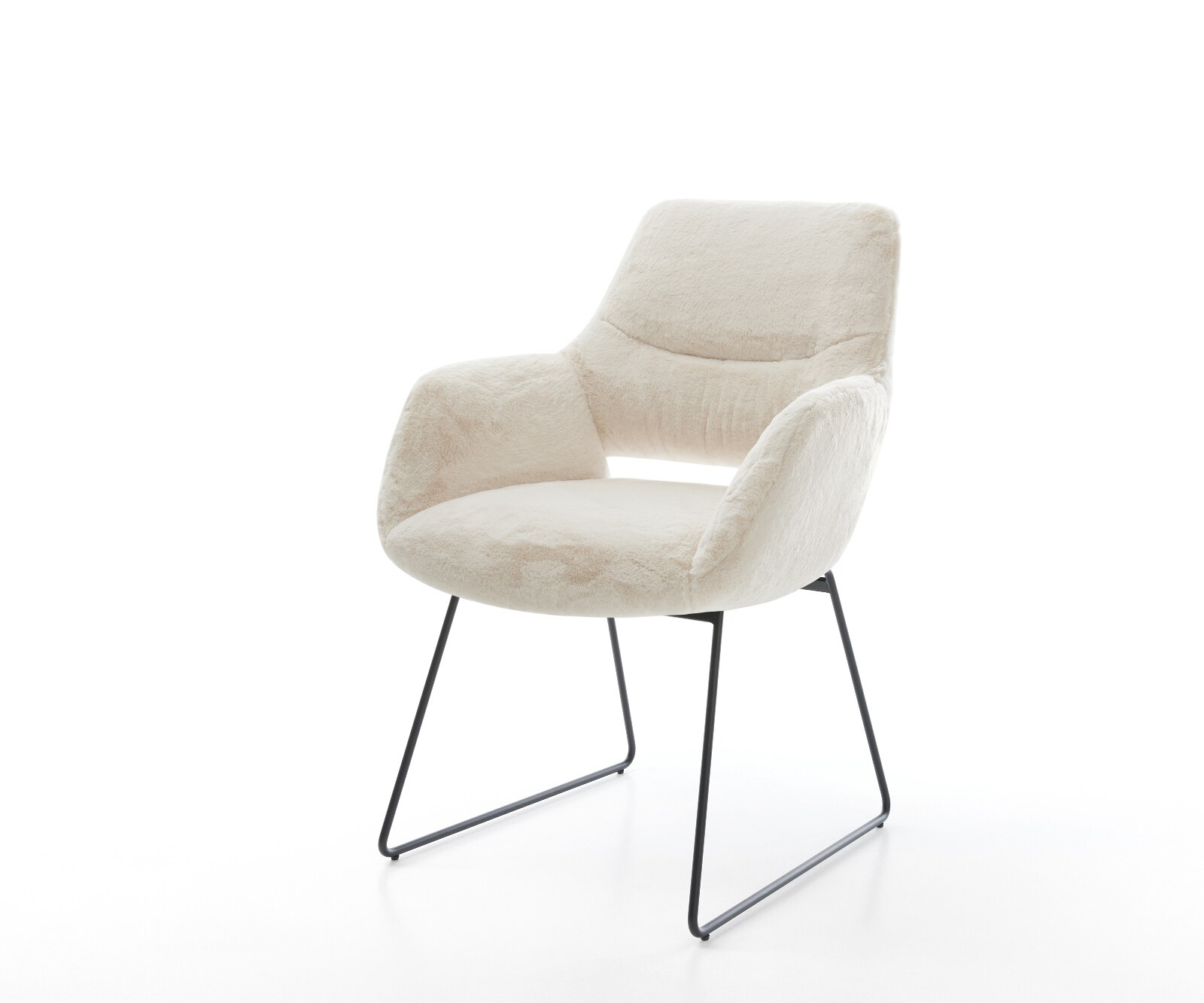 Chaise-de-salle-à-manger Yago-Flex avec accoudoirs peluche crème-blanc pied trapèze noir resorts ensachés