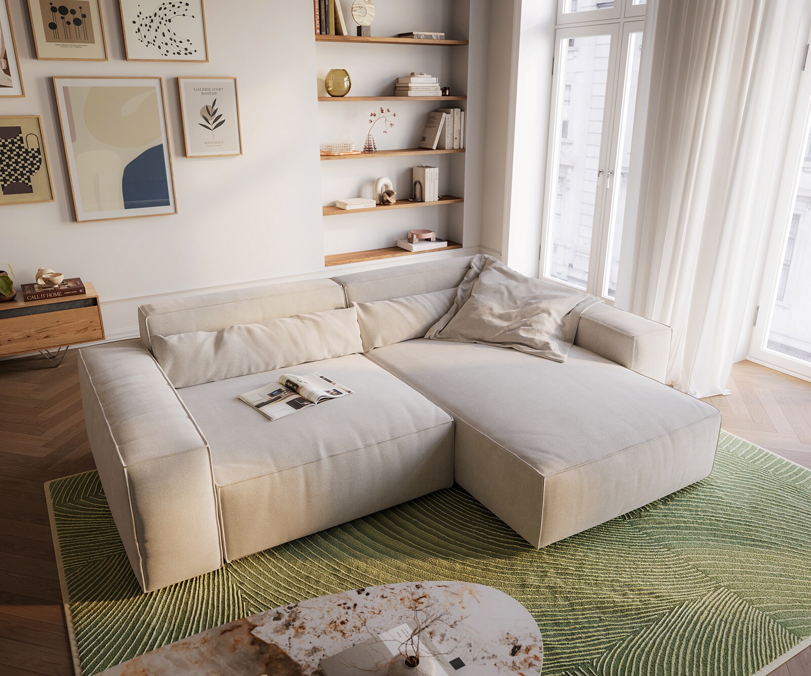 Canapé d'angle Sirpio XL 270x170 cm Tissu texturé doux Beige Méridienne modulable 3