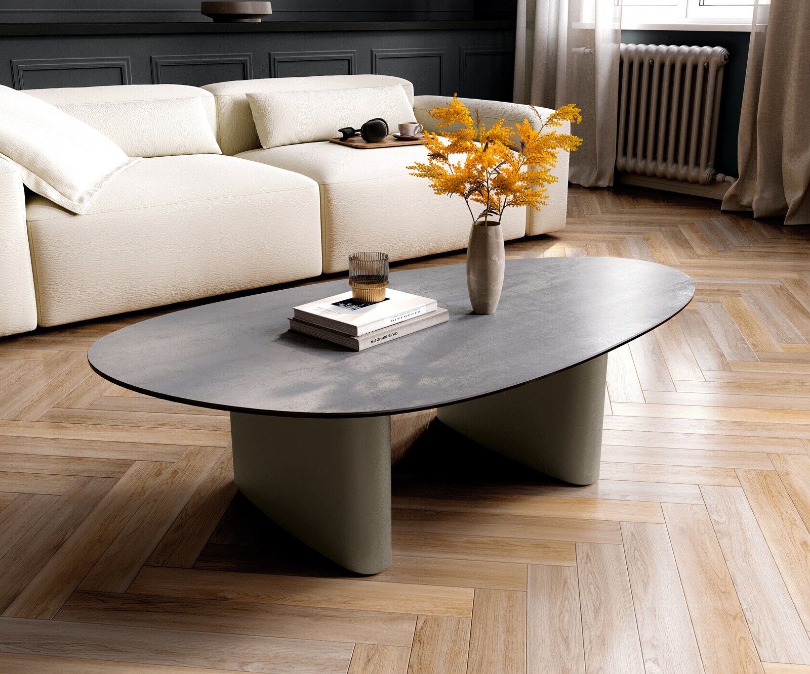 Couchtisch Edge Oval 140x75 cm Keramik Beton Grau Ovada Effektfinish Titan