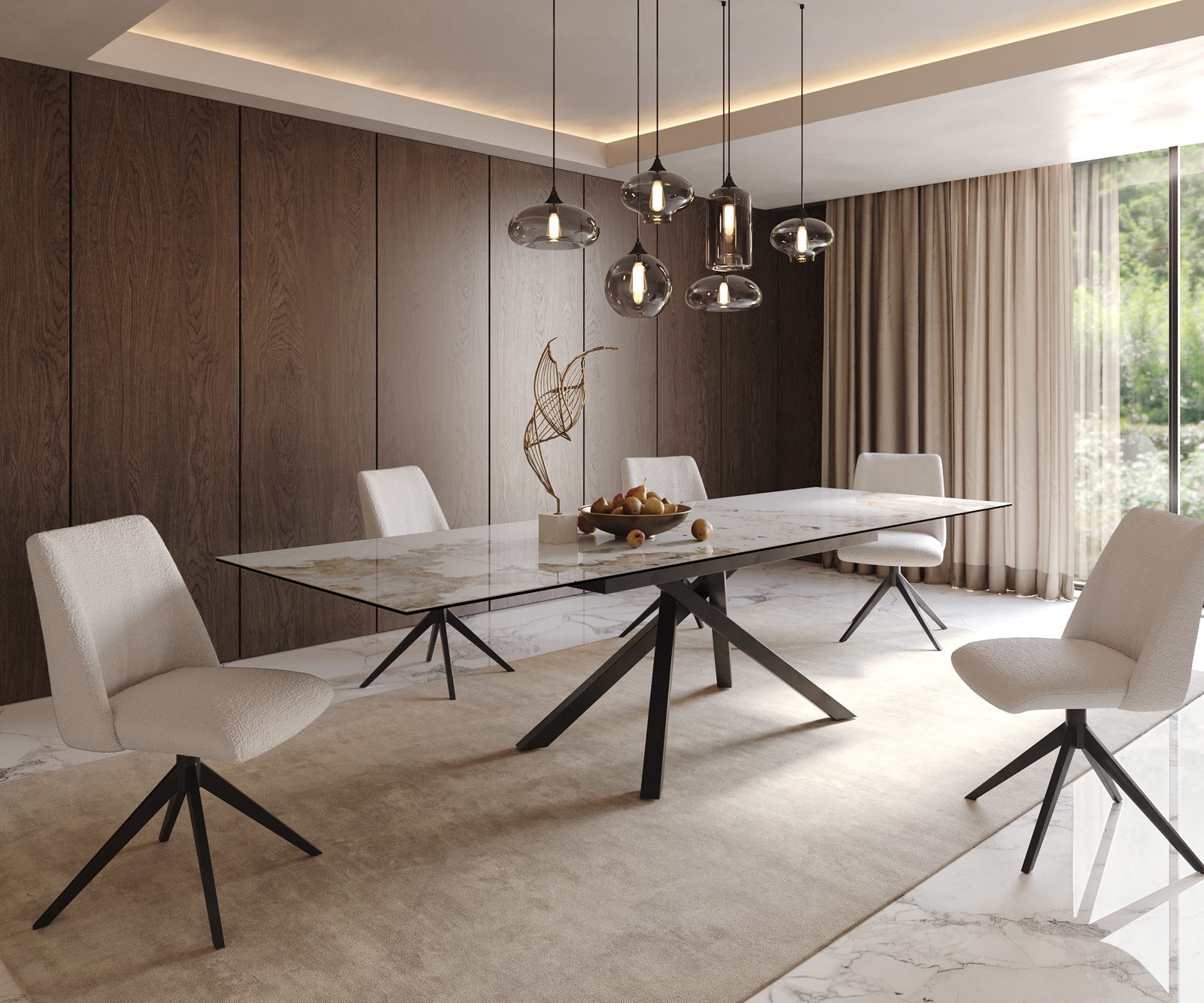 Esstisch Edge 200-300x100 Keramik Minas Melange Weiß-Beige Kreuzgestell Rechteck Schwarz ausziehbar 8