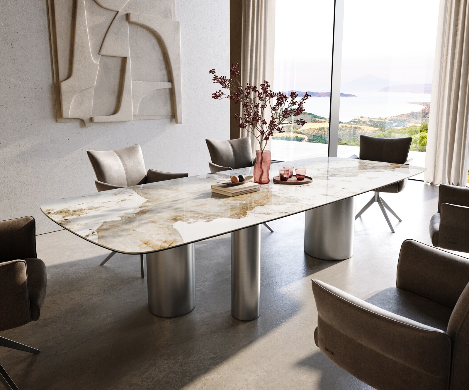 Esstisch Edge Boot 300x120 cm Keramik Minas Melange Weiß-Beige Troa Edelstahl gebürstet