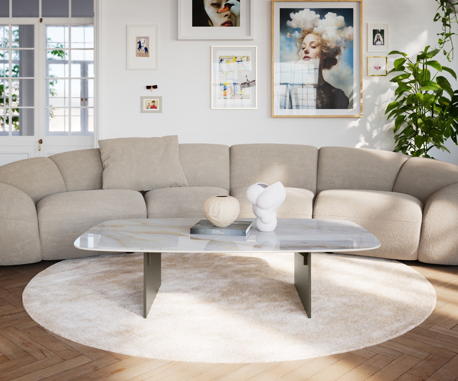 Couchtisch Edge Boot 140x80 cm Keramik Onyx Pearl Salto Metall Effektfinish Titan 1