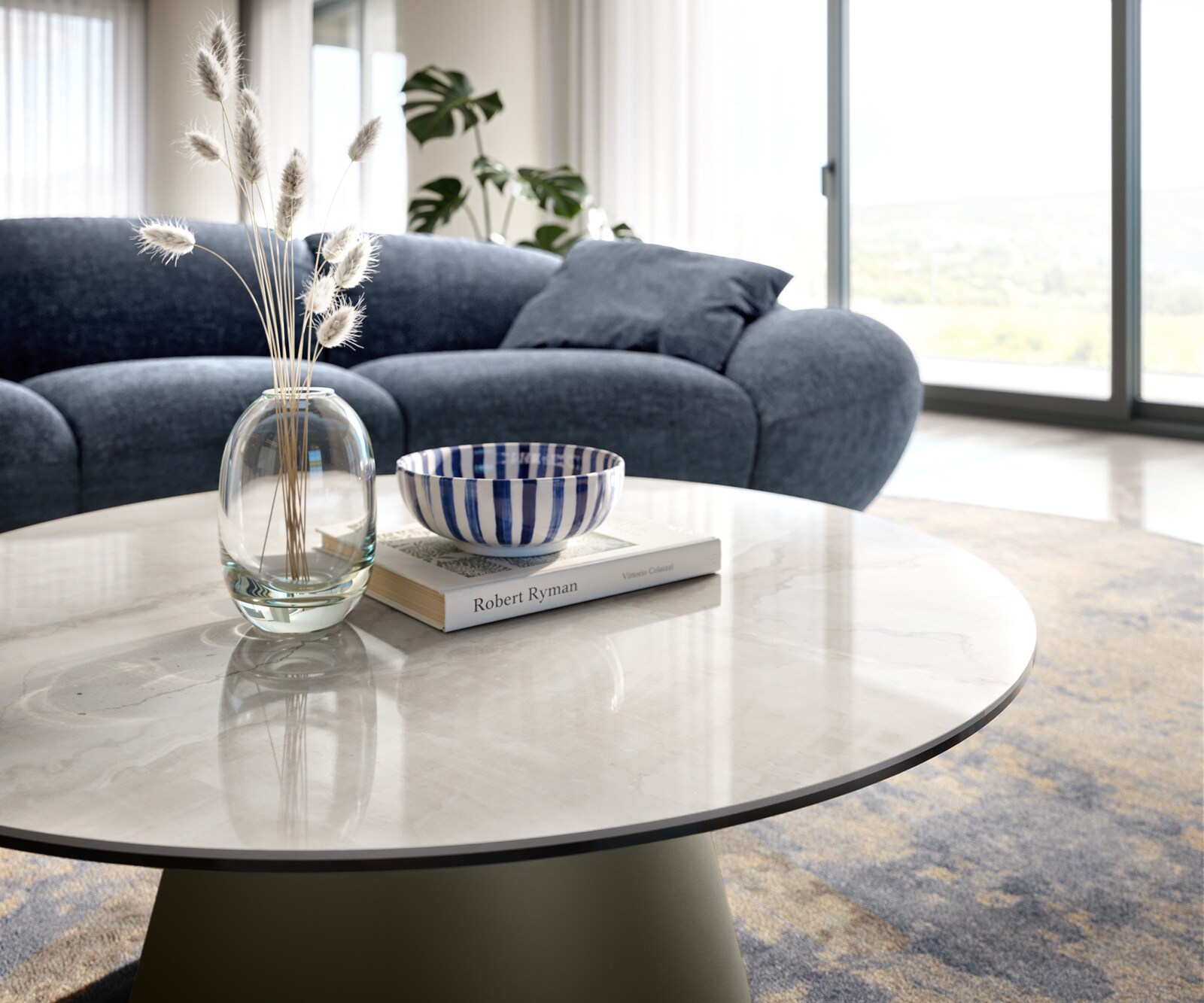 Table basse Edge ronde 90x90 cm céramique Onyx Champagne Borna finition effet titane 6