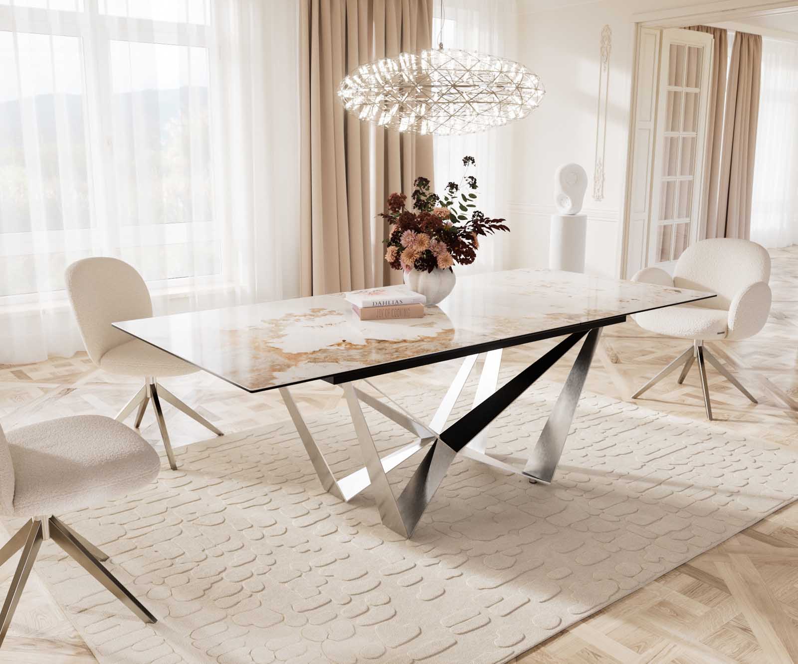 Esstisch Edge 180-220x100 Keramik Minas Melange Weiß-Beige Spider Flachstahl Edelstahl ausziehbar Esstisch Edge 180-220x100 Keramik Minas Melange Weiß-Beige Spider Flachstahl Edelstahl ausziehbar