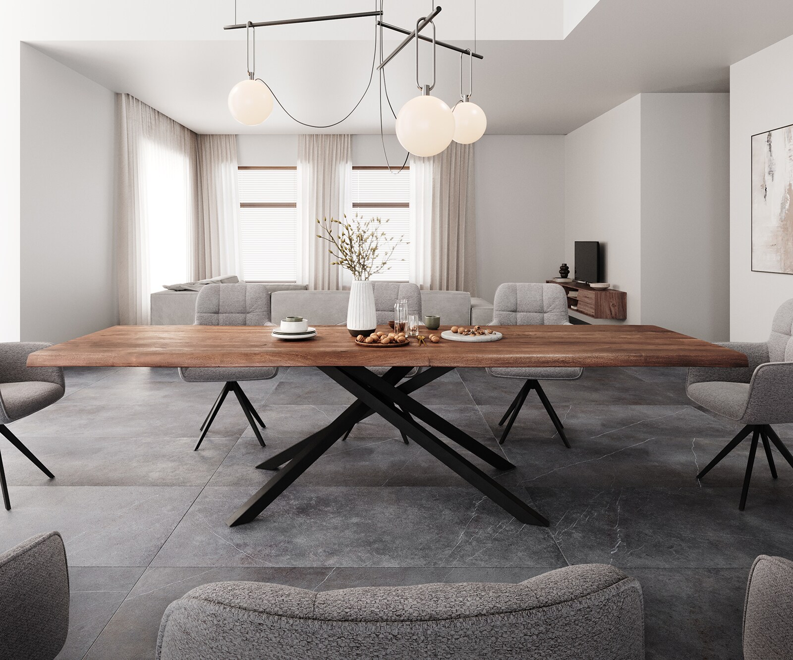 Table à manger Edge 300x100 XL acacia marron cadre croisé rectangle noir Live-Edge 2