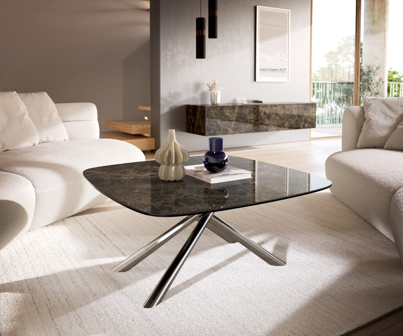 Table basse Edge bateau 90x90 cm céramique Emperador Extra Lucidato brun foncé Sarity acier inoxydable brossé 1