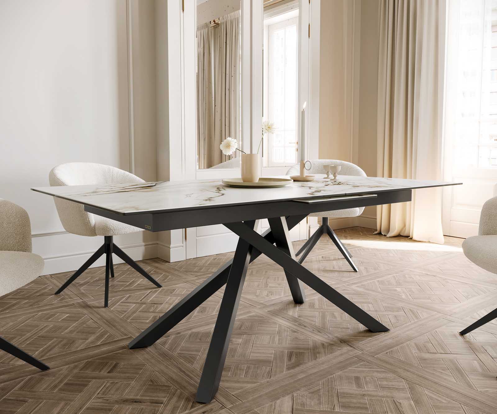 Esstisch Edge 180-220x100 Keramik Calacatta Luxe Weiß-Gold-Grau Kreuzgestell Rechteck Schwarz ausziehbar 6
