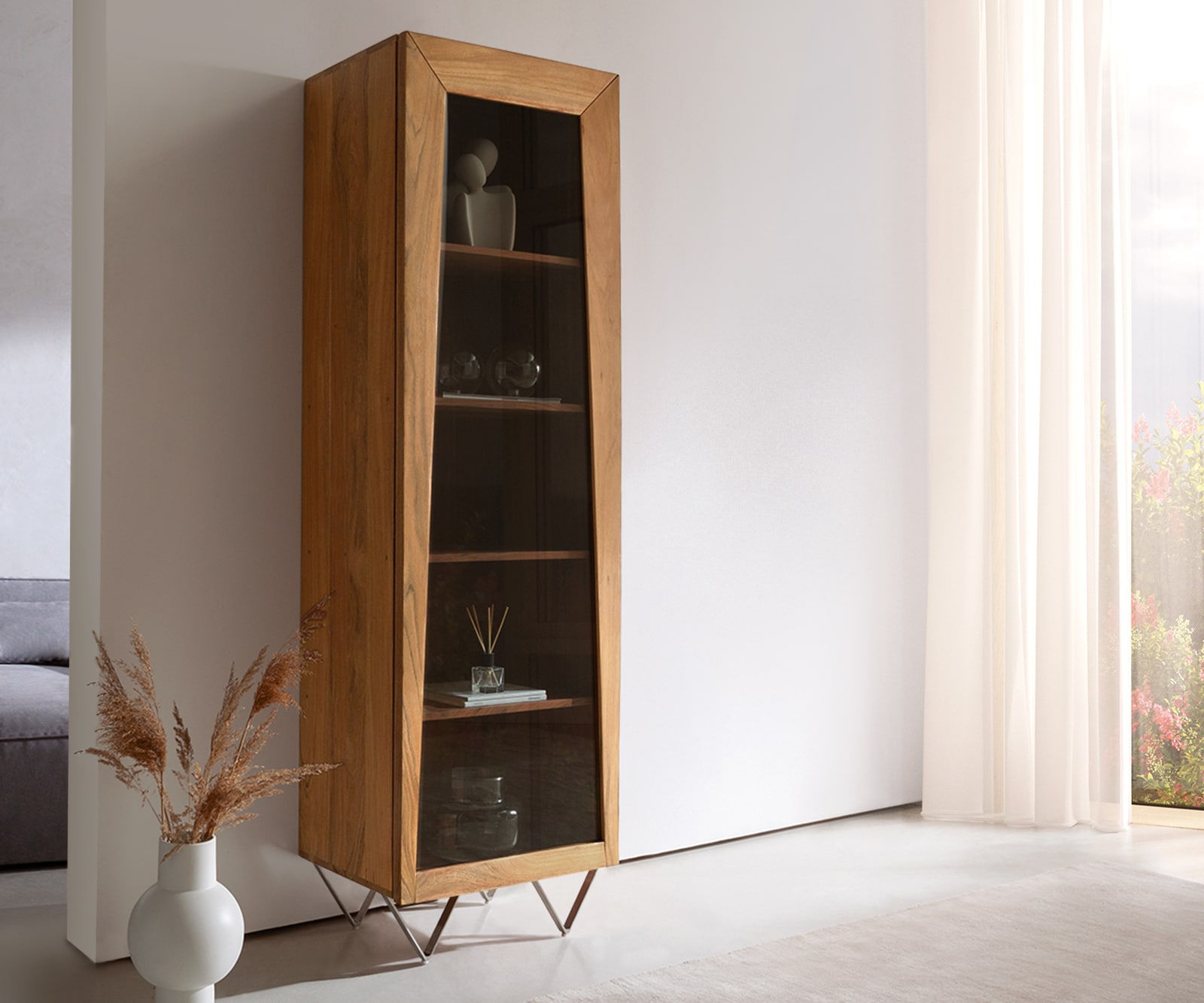 Buffet-haut Kayu 55x180 cm acacia naturel vitrine 1 porte pied en V Buffet-haut Kayu 55x180 cm acacia naturel vitrine 1 porte pied en V