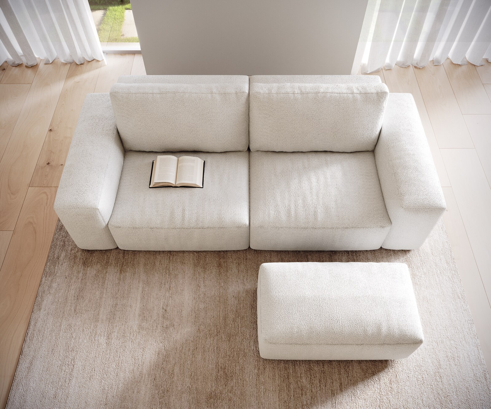 Big canapé Lanzo 230x95 cm bouclé blanc crème avec pouf 3