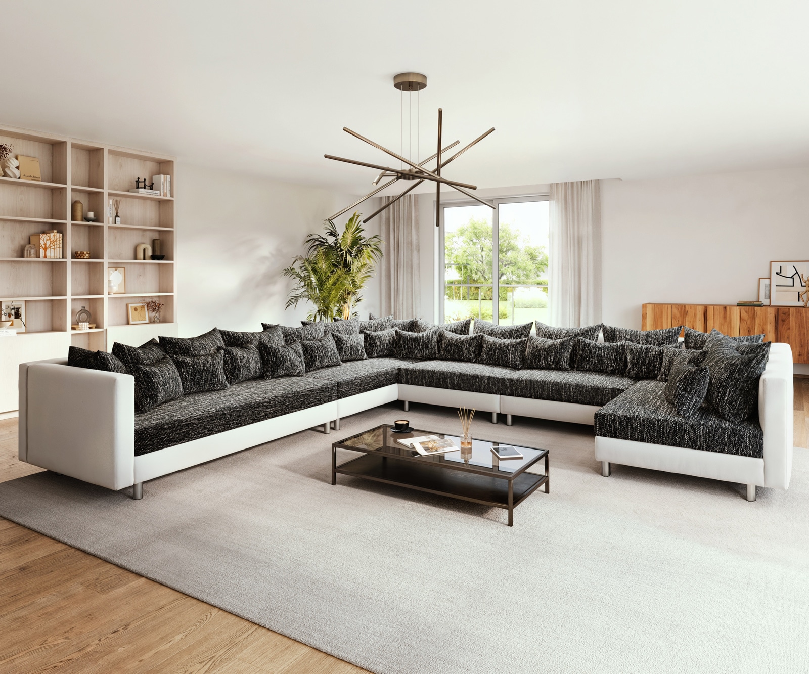 Canapé Panoramique Clovis XXL blanc noir pouf gauche Canapé Panoramique Clovis XXL blanc noir pouf gauche