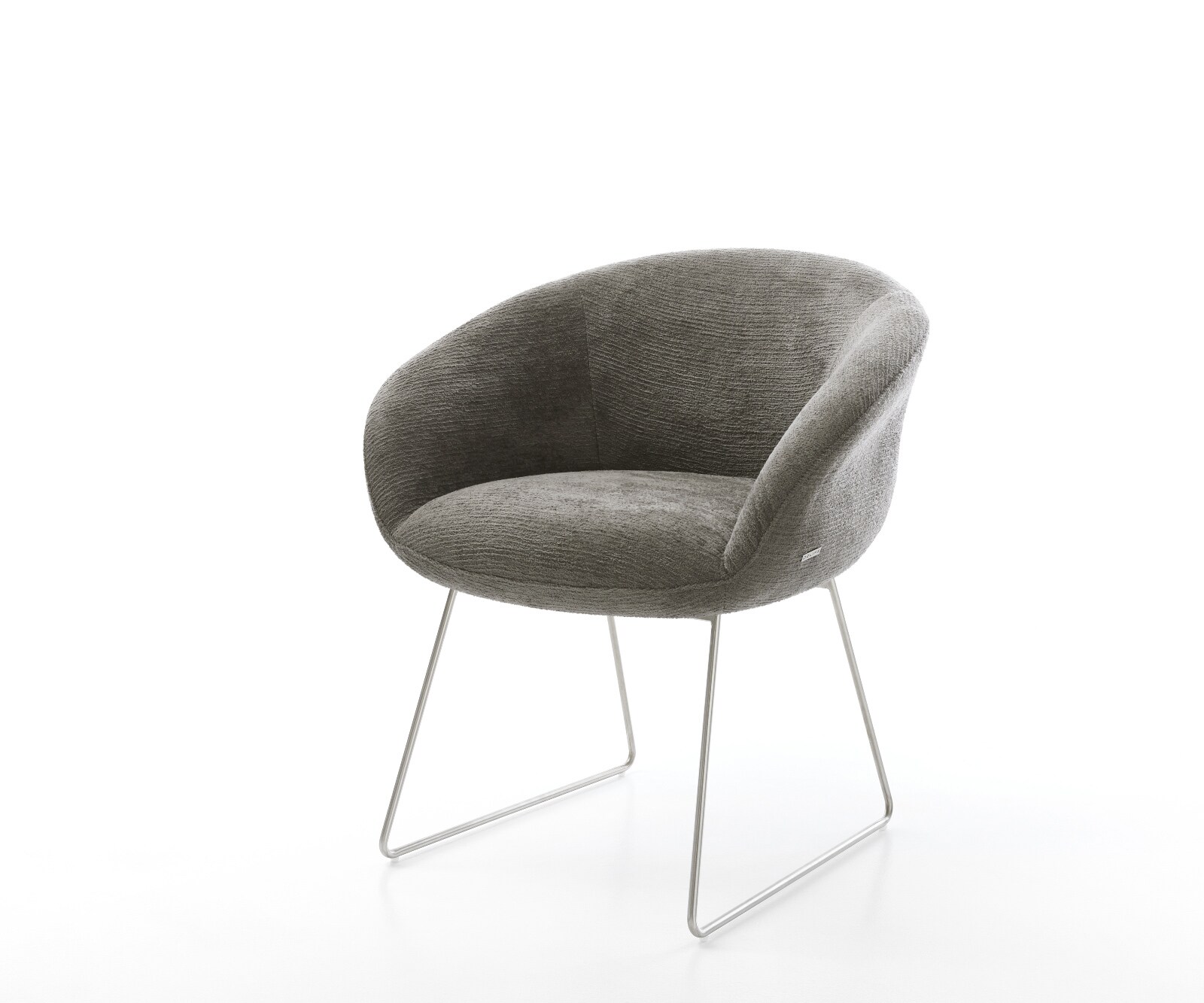 Chaise-de-salle-à-manger Vinka-Flex avec accoudoirs bouclé doux couleur boue pied trapèze acier inoxydable resorts ensachés