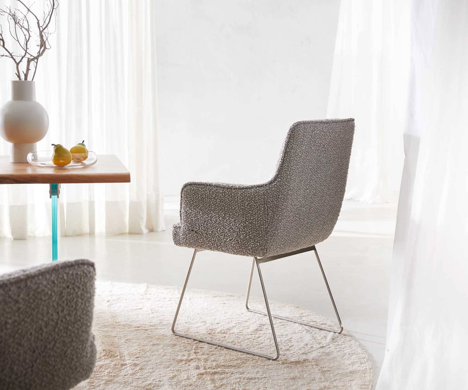 Esszimmerstuhl Heira-Flex mit Armlehnen Bouclé Silbergrau Kufengestell Edelstahl Taschenfederkern 4 Esszimmerstuhl Heira-Flex mit Armlehnen Bouclé Silbergrau Kufengestell Edelstahl Taschenfederkern 4