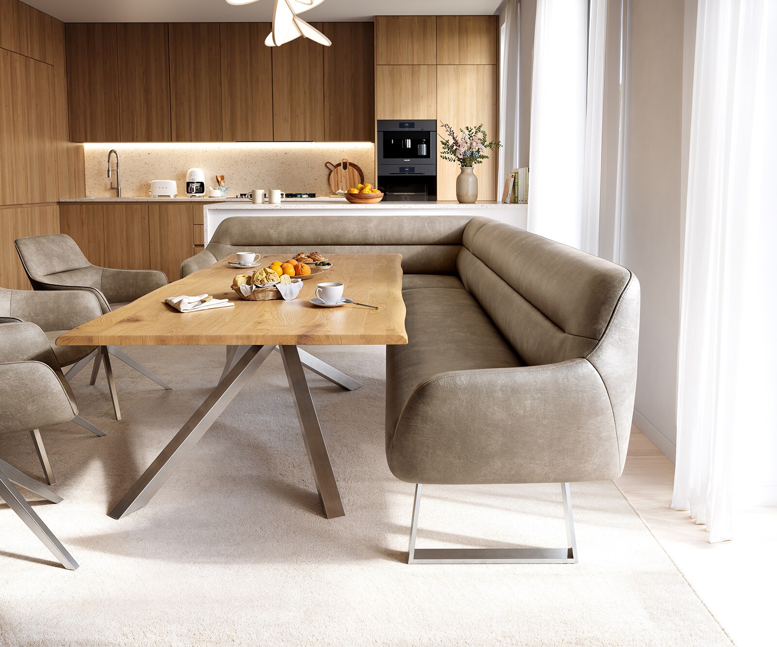 Esszimmerbank Taya-Flex 285x190 cm Mikrofaser Beige Vintage Kufengestell kantig Edelstahl Taschenfederkern Rechts 1