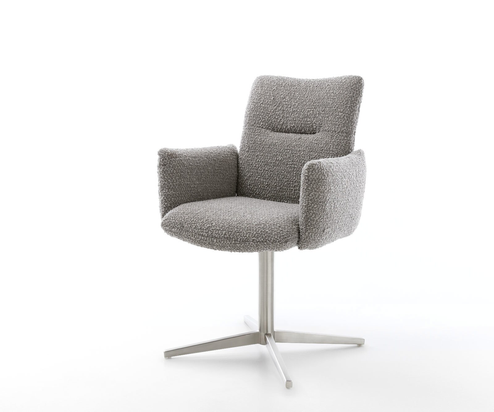 Drehstuhl Jova-Flex mit Armlehnen Bouclé Silbergrau Fußkreuz Edelstahl 360° drehbar Taschenfederkern