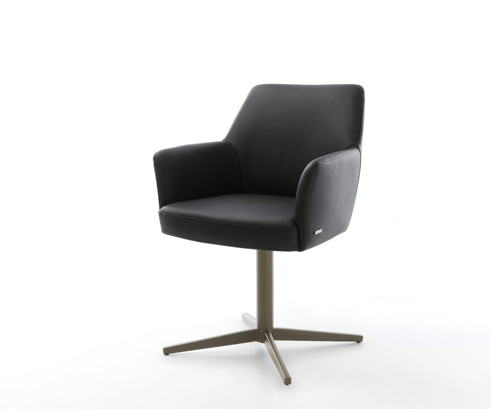Chaise-pivotante Xana-Flex avec accoudoirs cuir de vache noir pied de chaise 4 branches aspect titane ressorts ensachés pivote sur 360°