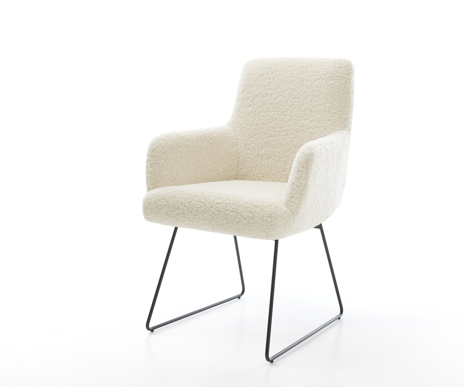 Esszimmerstuhl Heira-Flex mit Armlehnen Teddystoff Beige Kufengestell Schwarz Taschenfederkern