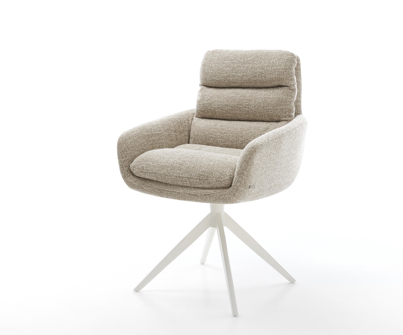 Chaise-pivotante Abelia-Flex avec accoudoirs tissu tissé doux beige pied croisé large blanc pivotement sur 360° fonction bascule