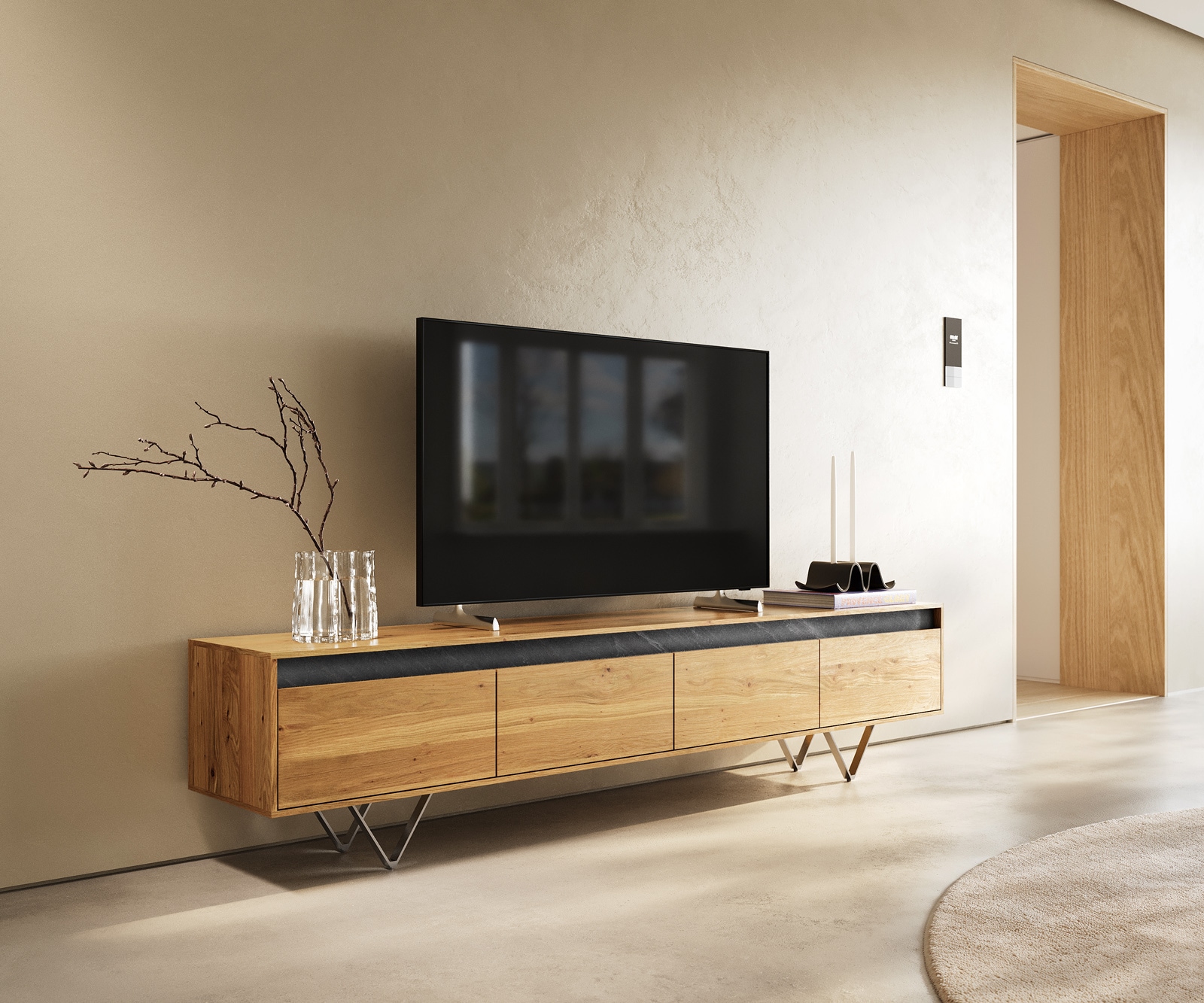 Designer-Lowboard Stonegrace 200 cm Eiche Natur Schiefer 4 Schübe V-Fuß Edelstahl