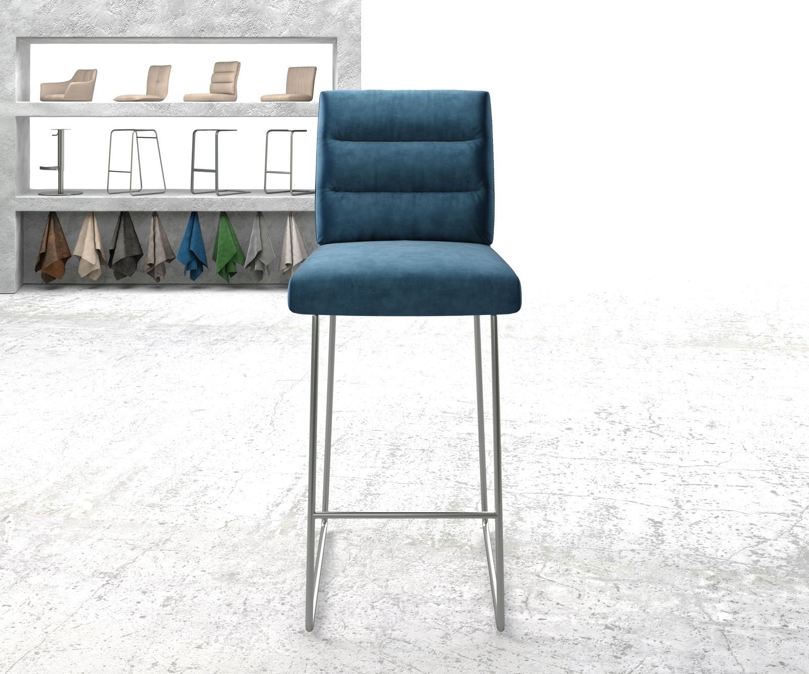 Barstuhl Pela-Flex Samt Blau Kufengestell Edelstahl 1 Barstuhl Pela-Flex Samt Blau Kufengestell Edelstahl 1