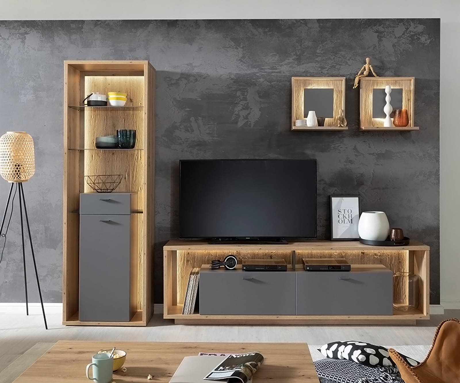 Tableau-mural Lome 45x20 cm chêne optique set de 2 étagères éclairage LED Tableau-mural Lome 45x20 cm chêne optique set de 2 étagères éclairage LED