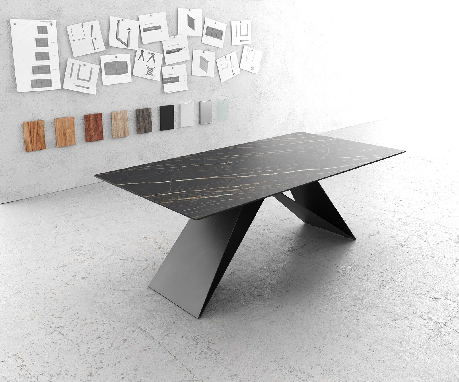 Table-à-manger Edge 200x100cm Laminam® céramique marron V-pieds milieu noir 1