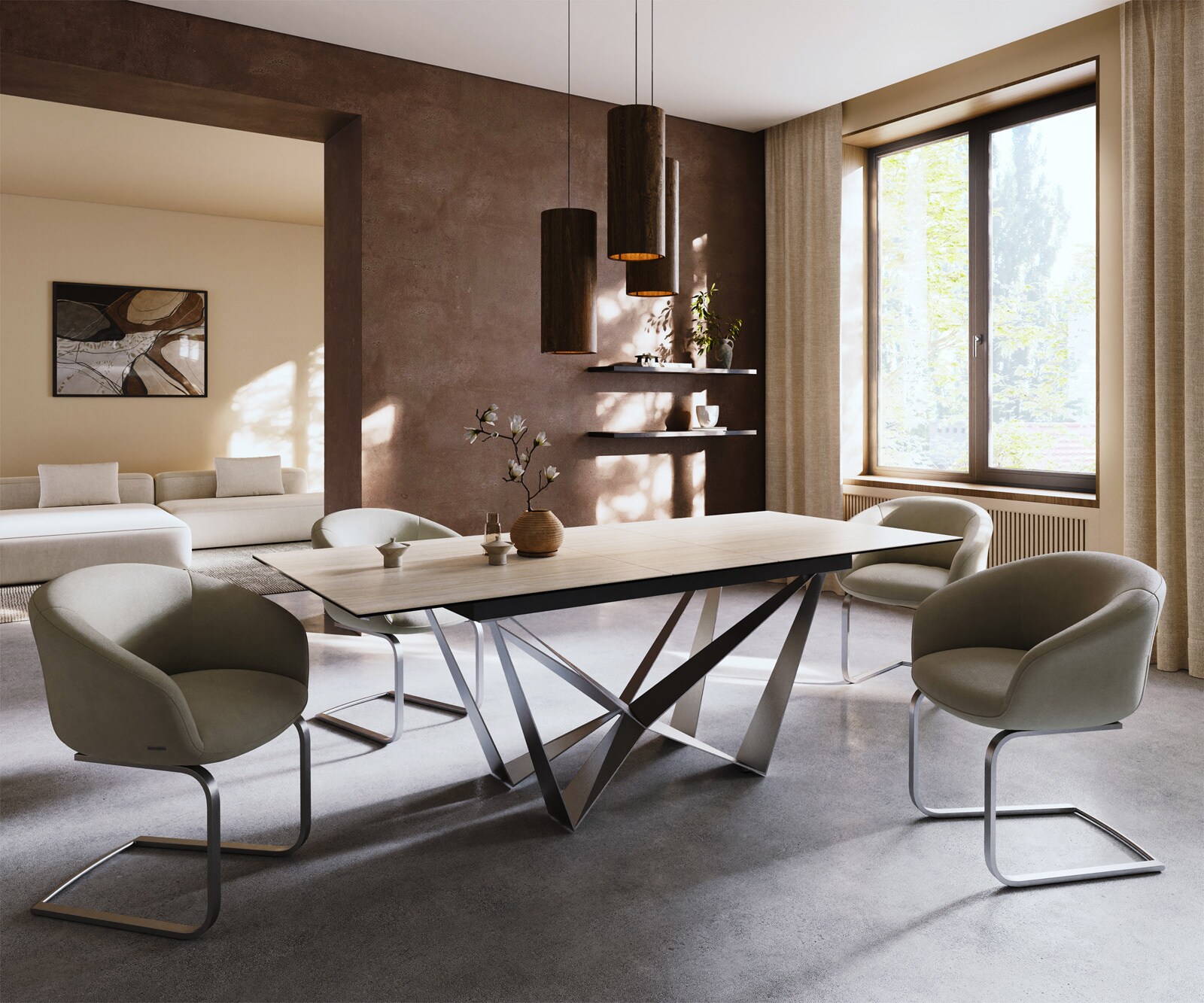 Esstisch Edge 180-220x100 Keramik Laminam® Travertino Bianco Creme-Weiß Spider Flachstahl Edelstahl ausziehbar 6