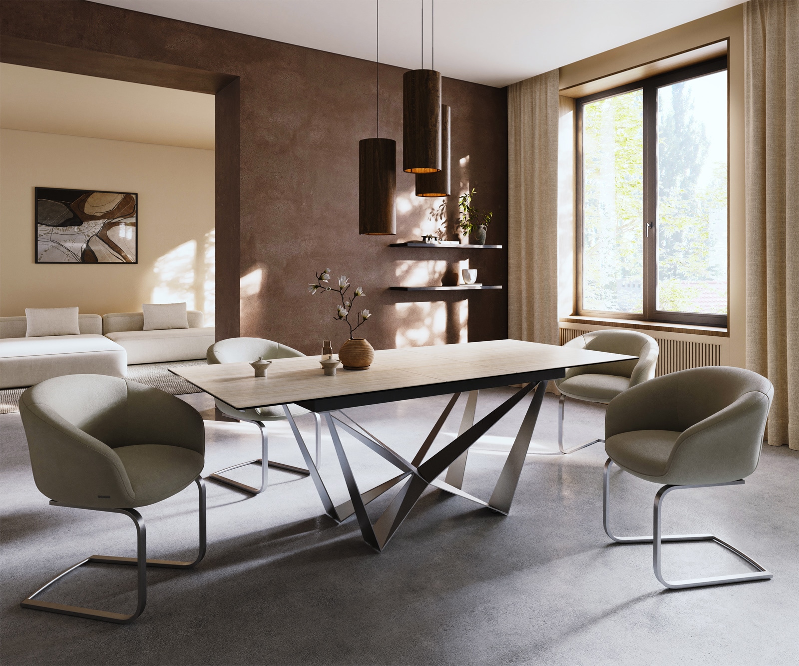 Esstisch Edge 180-220x100 Keramik Laminam® Travertino Bianco Creme-Weiß Spider Flachstahl Edelstahl ausziehbar 6 Esstisch Edge 180-220x100 Keramik Laminam® Travertino Bianco Creme-Weiß Spider Flachstahl Edelstahl ausziehbar 6