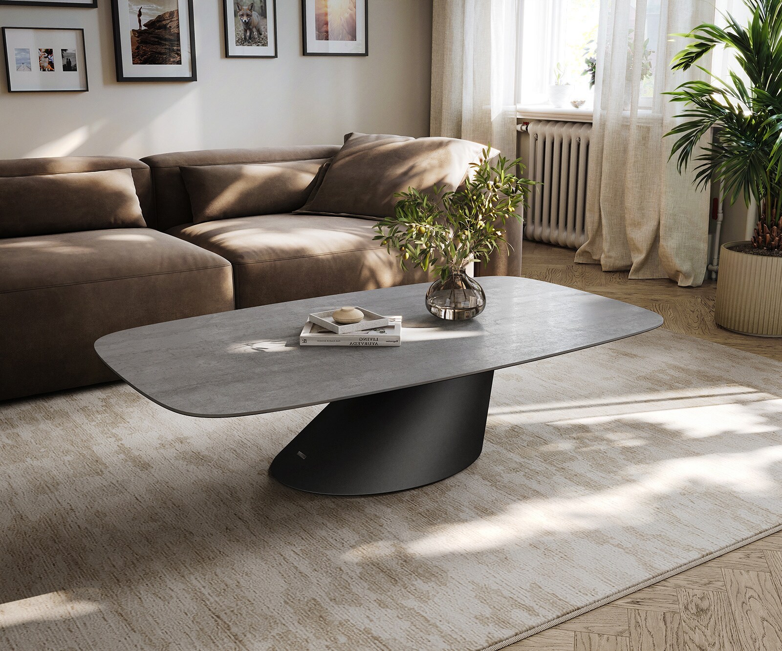 Table basse Edge forme bateau 135x80 cm céramique béton gris Conis métal noir 1