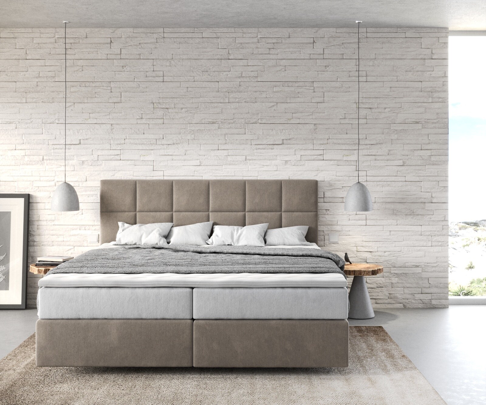 Boxspringbett Dream-Fine 180x200 cm Mikrofaser Beige mit TFK Matratze und Visco Topper 1