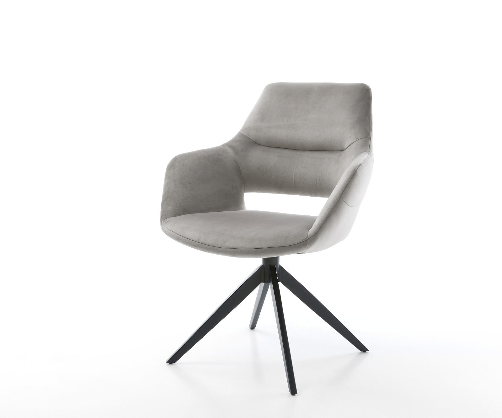 Drehstuhl Yago-Flex mit Armlehnen Samt Grau Kreuzgestell breit Schwarz 360° drehbar Wippfunktion Taschenfederkern