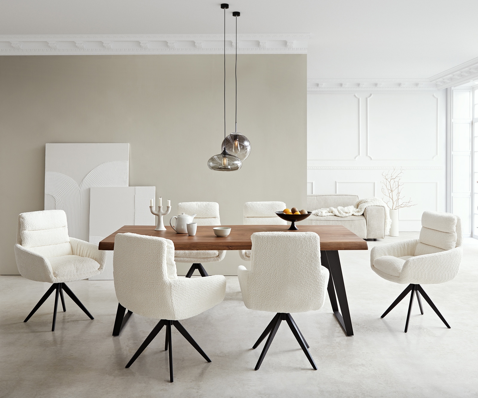 Chaise-de-salle-à-manger Abelia-Flex avec accoudoirs bouclé blanc pied croisé angulaire noir 3 Chaise-de-salle-à-manger Abelia-Flex avec accoudoirs bouclé blanc pied croisé angulaire noir 3