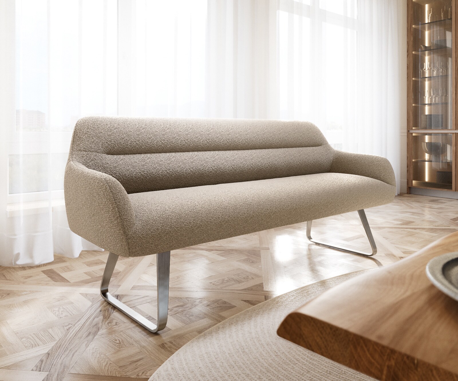 Esszimmerbank Taya-Flex 200 cm Bouclé Schlamm Kufengestell flach Edelstahl Taschenfederkern