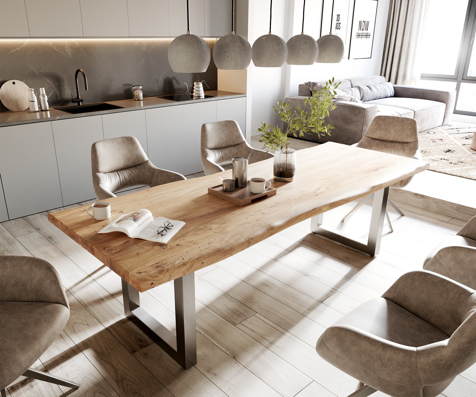 Table-à-manger Edge 260x100 XL acacia nature acier inoxydable large Live-Edge 1
