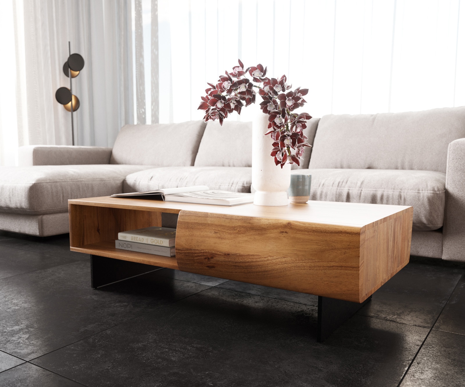 Table-basse New Live-Edge 115x60 cm acacia naturel 2 tiroirs 1 compartiment pied flottant métal noir Table-basse New Live-Edge 115x60 cm acacia naturel 2 tiroirs 1 compartiment pied flottant métal noir