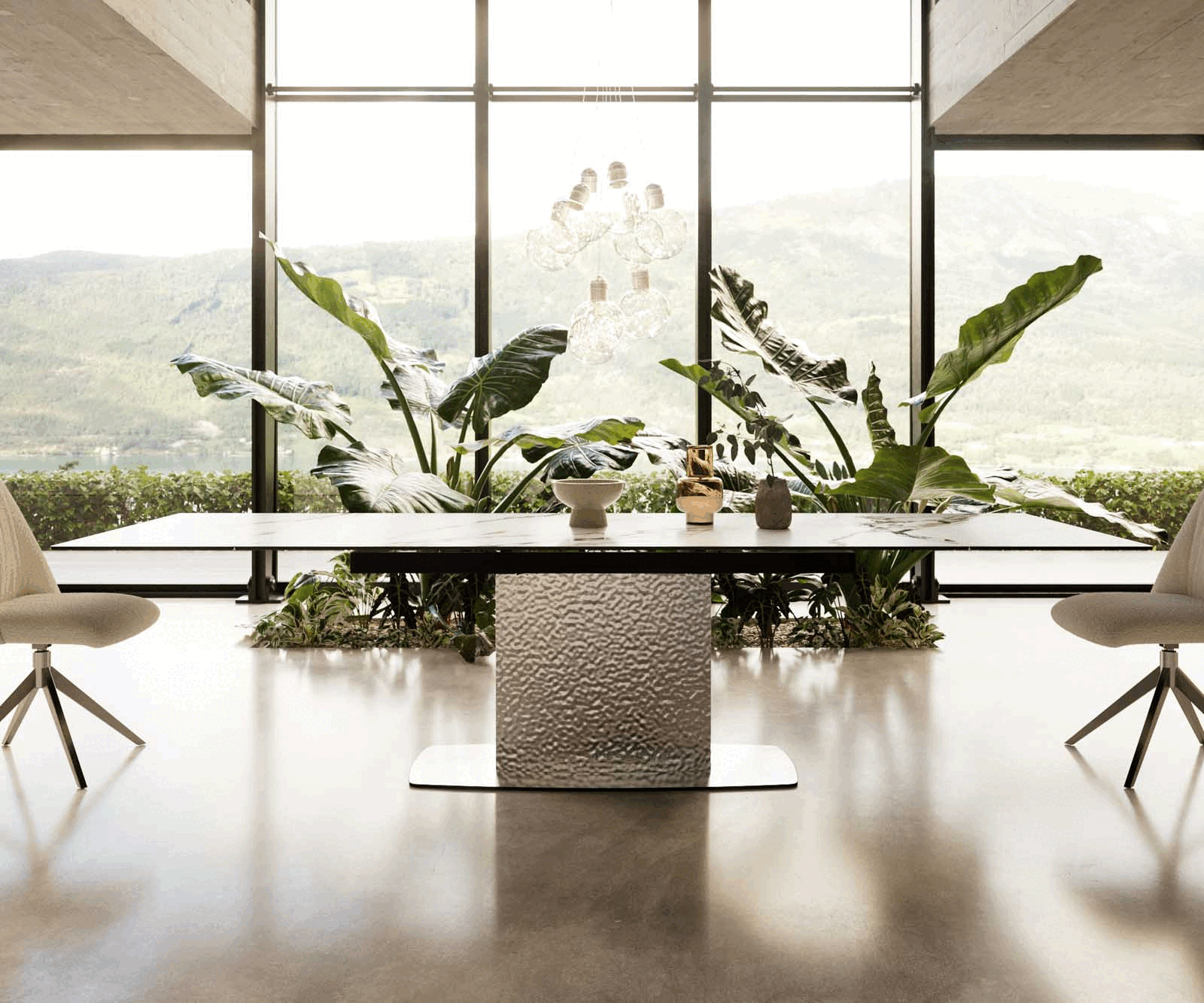 Esstisch Edge 200-300x100 Keramik Calacatta Luxe Weiß-Gold-Grau Wave Edelstahl ausziehbar 1
