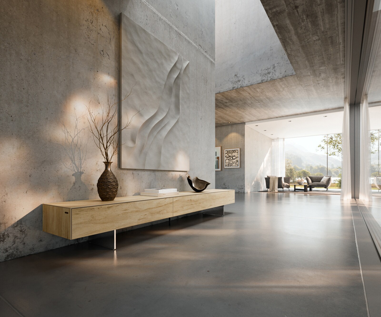 Meuble-TV Cuor 250 cm Céramique Laminam® Sabbia Teinte chêne 1 Clapet 1 Tiroir Pied optique flottant Ancier inoxydable 1