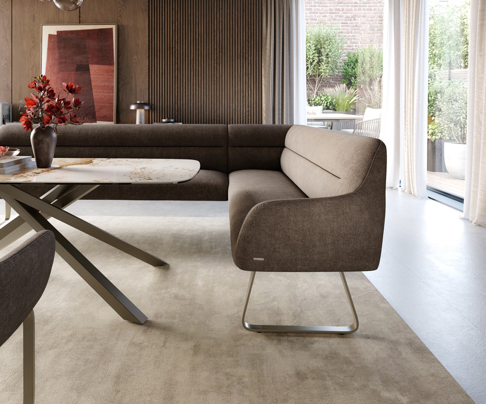 Esszimmerbank Taya-Flex 285x190 cm Strukturstoff Soft Taupe Kufengestell flach Effektfinish Titan Taschenfederkern Links 4