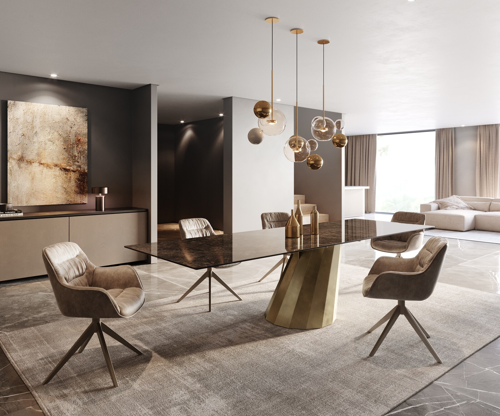 Table à manger Edge 300x100 céramique Laminam® Emperador Extra Lucidato marron foncé parabole métallique doré 4