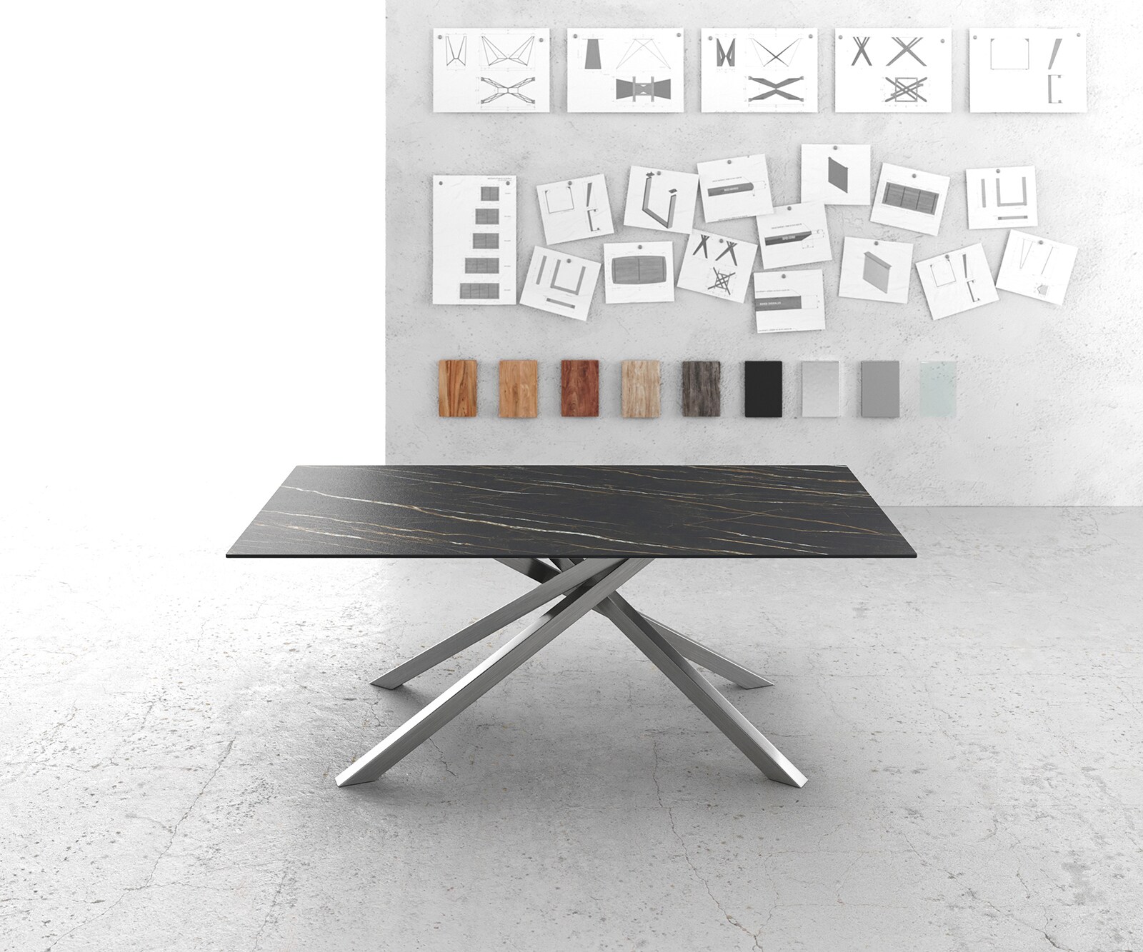 Table-à-manger Edge 200x100cm Laminam® céramique marron pieds milieu croisé argent 2
