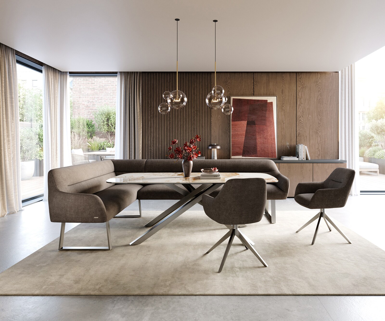 Banc-de-salle-à-manger Taya-Flex 285x190 cm tissu structuré doux taupe piètement à patins angulaire acier inoxydable ressort ensaché à droite 2