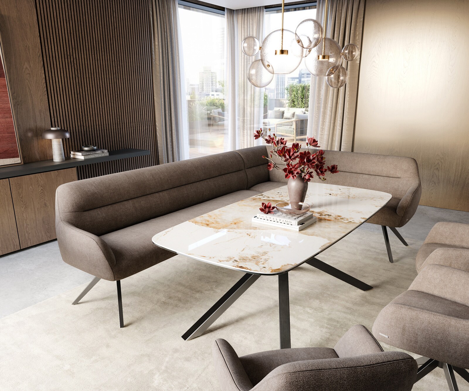 Banc-de-salle-à-manger Taya-Flex 285x190 cm tissu structuré doux taupe pied croisé angulaire grafiete ressort ensaché à droite 1