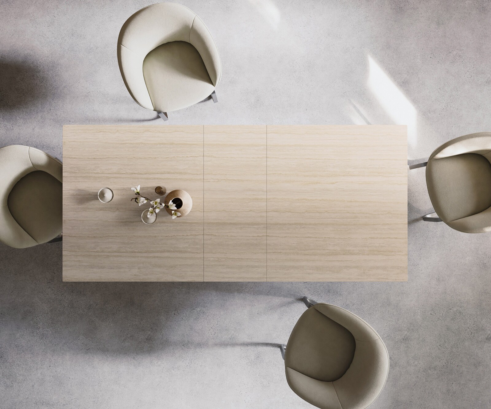 Esstisch Edge 180-220x100 Keramik Laminam® Travertino Bianco Creme-Weiß Spider Flachstahl Edelstahl ausziehbar 5